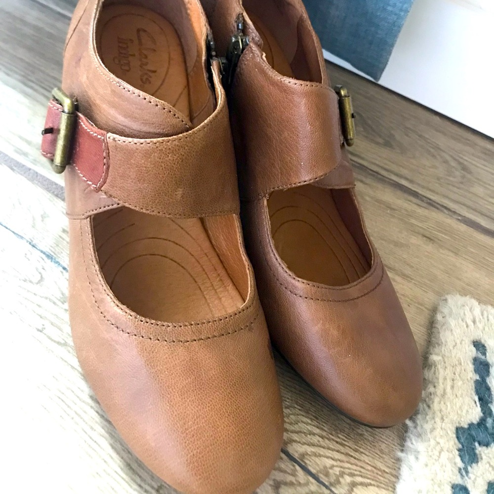 Clarks Indigo Leather Buckle Heels